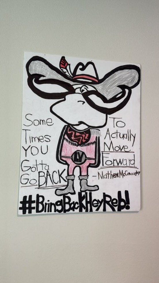 A hand-drawn Bring Back Hey Reb! note