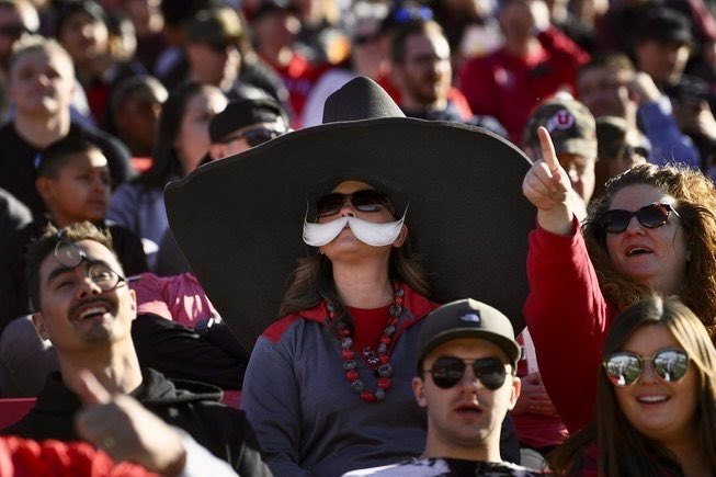 Fans in the stands wearing Hey Reb! mustache masks