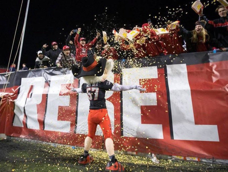 Hey Reb! bursting through the Rebel banner